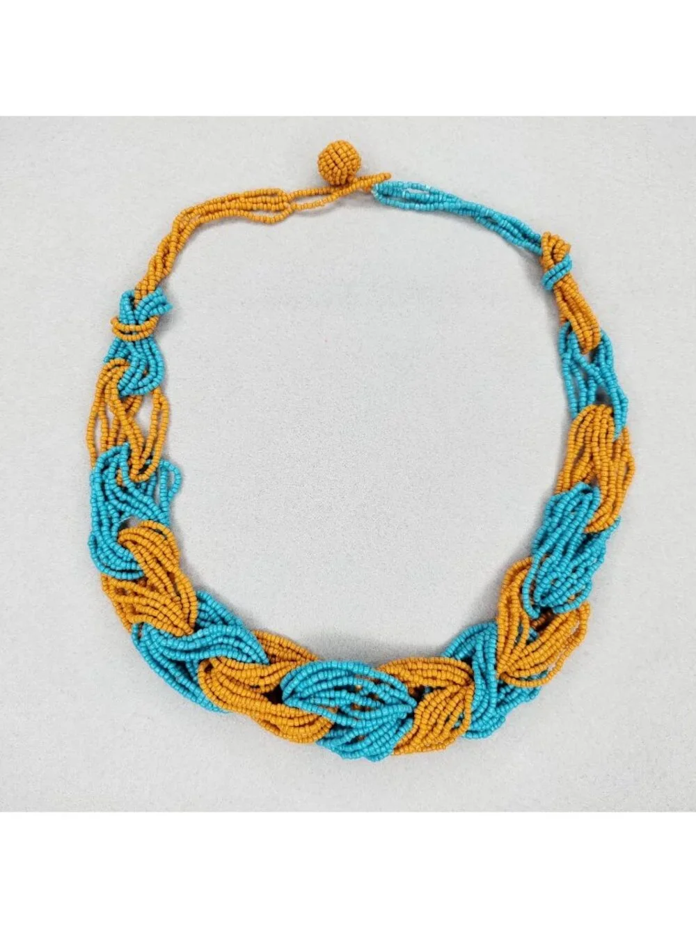 Seed Beaded Statement Necklace Orange Blue Links 25